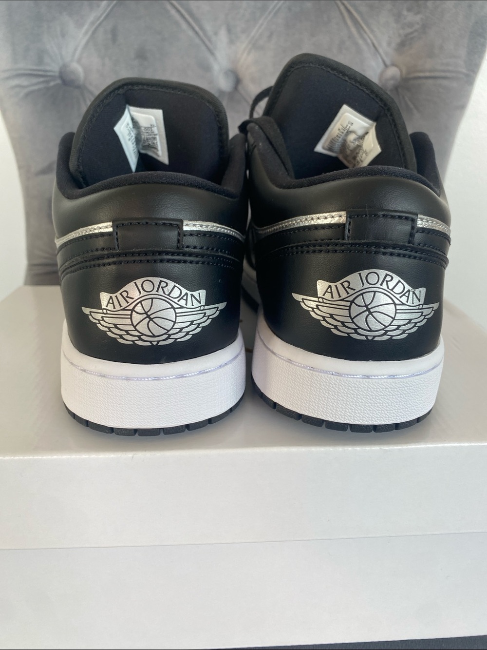 NWT Women’s Jordan 1 Low SE Black and Metallic Silver Low Top Sneakers - Picture 9 of 17